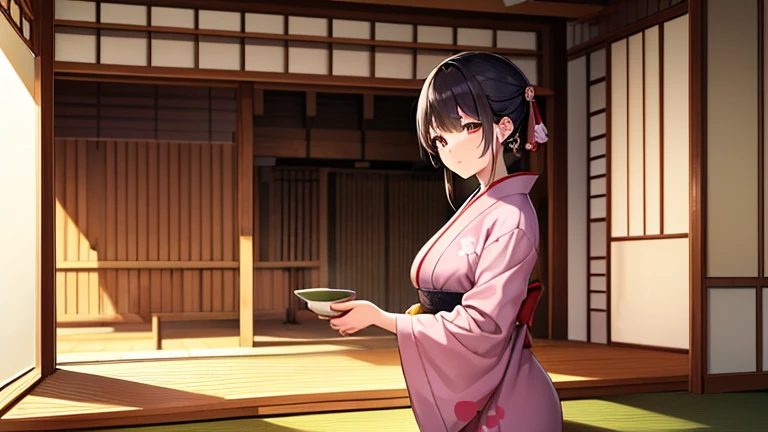 A part-time woman in a kimono working at a teahouse、Please draw an illustration of tea ceremony utensils being arranged.。The woman has a concentrated expression、Preparing to make tea。The background features bamboo fences and tatami floors.、There is a calm atmosphere。