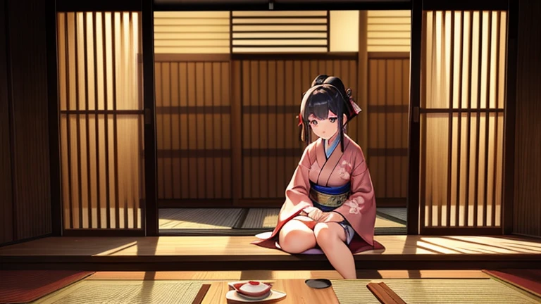 A part-time woman in a kimono working at a teahouse、Please draw an illustration of tea ceremony utensils being arranged.。The woman has a concentrated expression、Preparing to make tea。The background features bamboo fences and tatami floors.、There is a calm atmosphere。