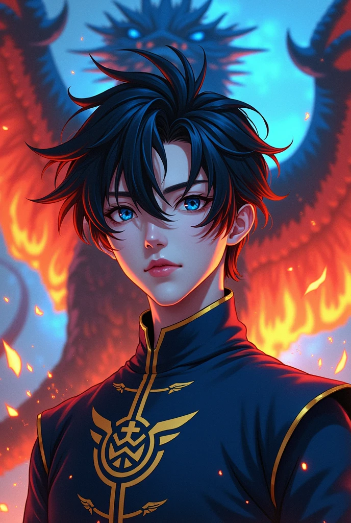 A white-skinned prince, Medium length black hair with red tips. Blue eyes, pink lips and a black and blue fire Phoenix Dragon behind him. He will have a warrior outfit and on the chest of his outfit there will be the logo of a dragon head and a wing. U.S. citizenship