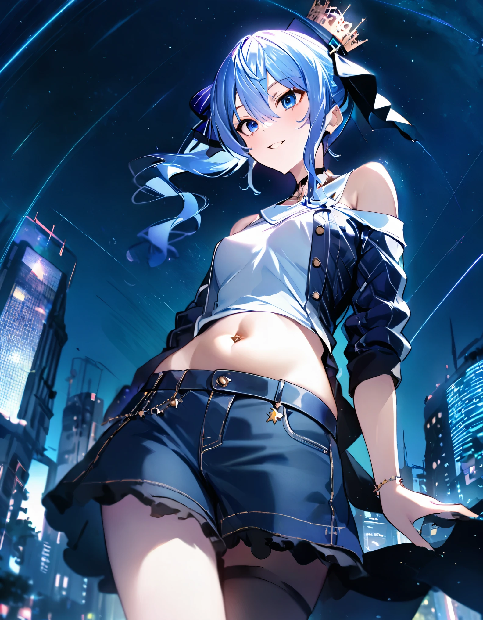 (8k、Best image quality、highest quality、masterpiece)、Detailed face、 1girl、Blue Hair、Long Hair、sideponytail、dark_blue_eyes、smile,(navel:0.6),Moderate_torso、small_breasts,((White T-shirt))、Off the shoulder、Black shoulder straps、(open_front_denim_short_shorts:1.2)、Shoot from below、City Background, starry_sky_landscape ,hoshimachi suisei, slender,(covered_nipples:0.3), (belly button:1.2),nihil,solo,stargaze,girl_looking_up_sky,(abs:0.6)