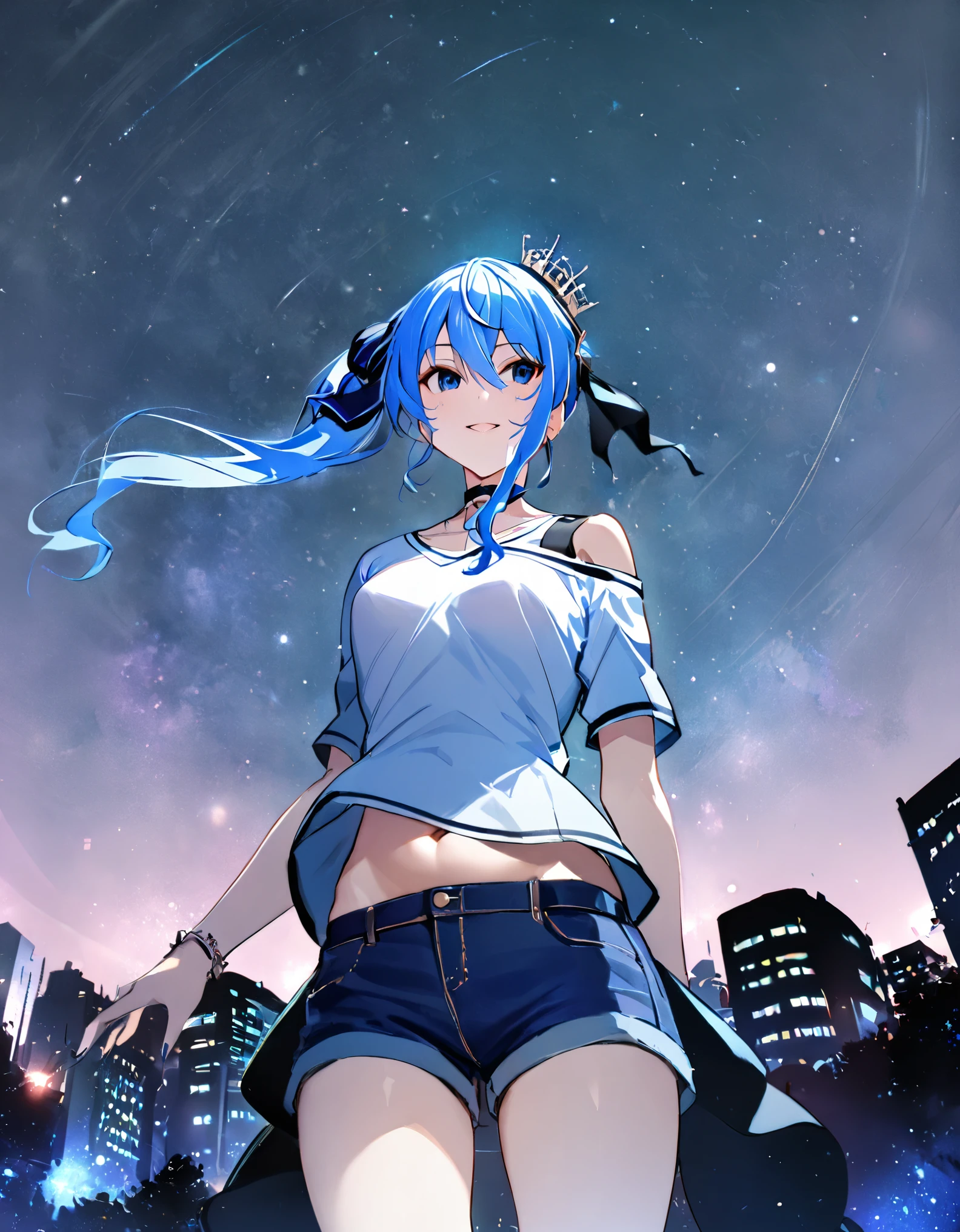 (8k、Best image quality、highest quality、masterpiece)、Detailed face、 1girl、Blue Hair、Long Hair、sideponytail、dark_blue_eyes、smile,(navel:0.6),Moderate_torso、small_breasts,((White T-shirt))、Off the shoulder、Black shoulder straps、(open_front_denim_short_shorts:1.2)、Shoot from below、City Background, starry_sky_landscape ,hoshimachi suisei, slender,(covered_nipples:0.3), (belly button:1.2),nihil,solo,stargaze,girl_looking_up_sky,(abs:0.6)