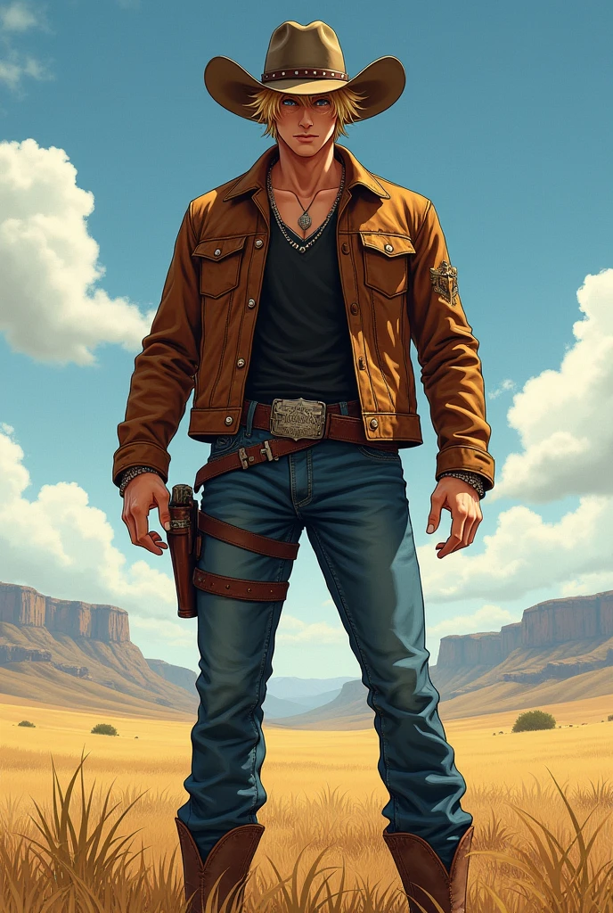 Katsuki Bakugo as a cowboy, standing in a field, full body, no horse, standing. Make sure he has a cowboy hat on.