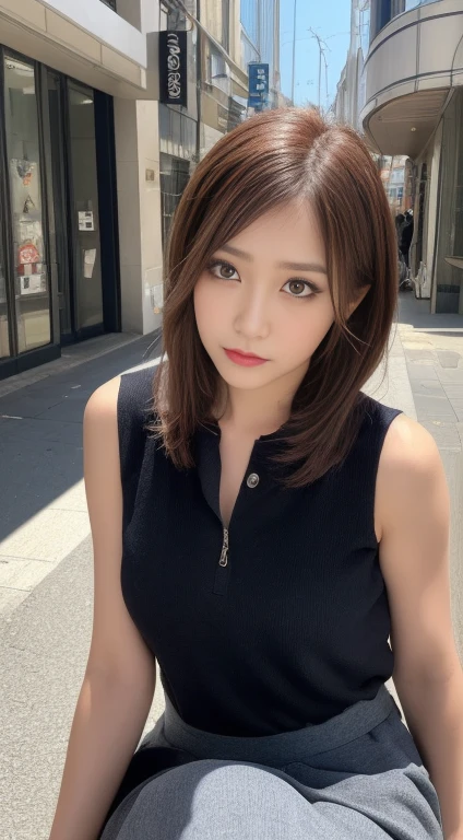 ((top-quality、8k、masterpiece:1.3))、sharp focus:1.2、Beautiful Women in Perfect Style:1.4、Slender Abs:1.2、((dark brown hair、a short bob、small tits:1.8))、(natural soft light、City Street:1.1)、(Front view View viewer:1.5)、Highly detailed facial and skin texture、A detailed eye、double eyelid、Women's Ana Style Makeup, Officelady、pantyhose、squatting, ((Sleeveless 1.5、long skirt)), Perfect and beautiful face, Blur the background, Ginza, out
