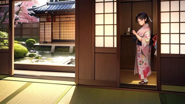 A part-time worker wearing a kimono、Please draw an illustration of someone adjusting a noren curtain outside a teahouse.。The woman was smiling as she adjusted the noren curtain.、A traditional Japanese garden spreads out in the background.。
