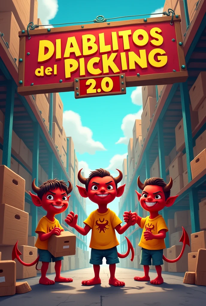 I want an image that is in a type of free market warehouse and that says DIABLITOS DEL PICKING 2 on top.0" and that the little devils have a yellow shirt and that on the top it says "DIABLITOS DEL PICKING 2.0"