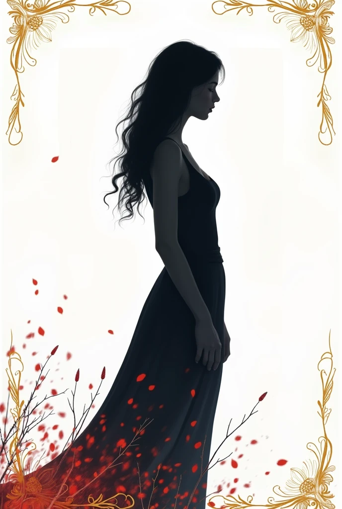 Make a book cover with the following information.
The background is white and on the edges of the cover there are gold details as if they were plant vines., besides some red details like fire embers. In the center, draw the silhouette of a young woman from the side, just from the shoulders up. 