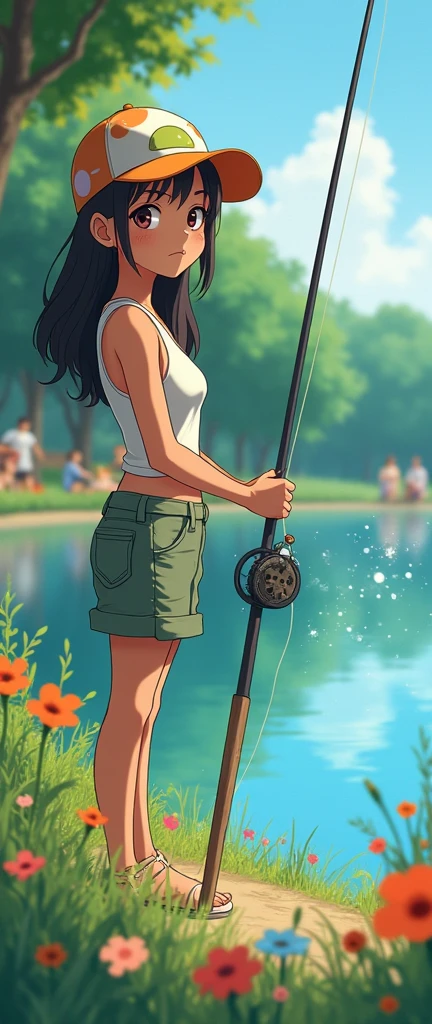 A scene where a stunning sexy young woman is enjoying fishing on the shore of a calm lake. She is wearing a colorful cap, light outdoor clothing, and holds a fishing rod firmly in place. The sunlight reflects glitteringly on the surface of the lake, and the surrounding area is full of lush green trees and colorful flowers. The girl's expression is serious, and there is a sense of anticipation as she waits for the fish to catch. In the background, her friends and family can be seen having fun on a picnic, creating a peaceful holiday atmosphere. Overall, you can feel the fun and contact with nature. ghibli style digital artwork.