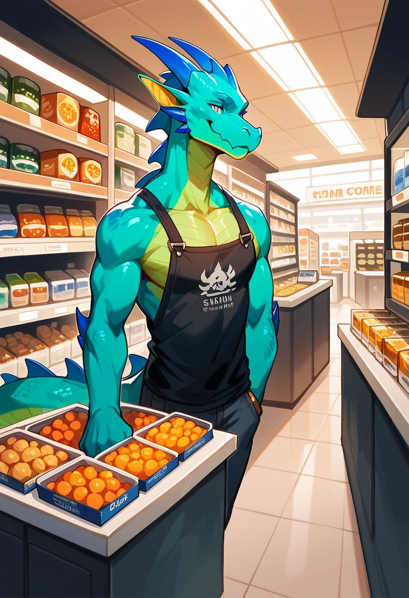 rating_safe, score_9, score_8_up, score_7_up, score_6_up, score_5_up, score_4_up, hires, source_furry, cover_page(furry art, uploaded on e621)massive green dragon, welcoming smile, the counter in a shop, full of glowing potions, dynamic angle,