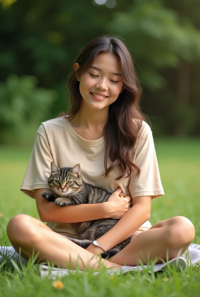 A American woman wearing beige cotton t-shirt sitting on lawn, holding a shorthair cat in her arms