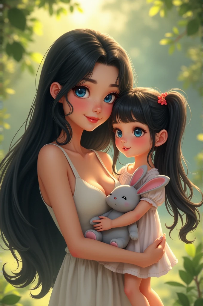 Beautiful woman, 2, long black hair, blue eyes, perfect body, wearing a beautiful casual dress. Holding a 2 year old , long black hair in pigtails, blue eyes, carrying a cute bunny doll