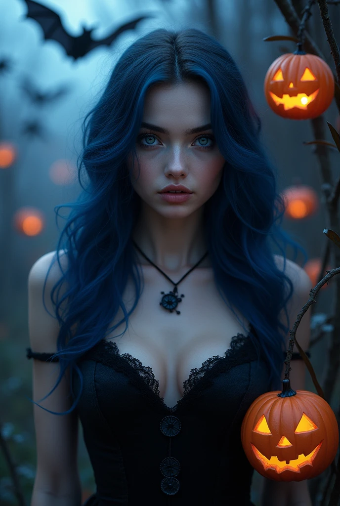Young woman, Dark blue long wavy hair .Excellent characteristics, very beautiful, vampire, Warm gaze, Expression of love, looking off to the side, Gothic dress, Blue Eyes, Lots of bats .Delete the three dots in the upper right corner of the bat pumpkin lantern, (best quality,16K,high resolution,masterpiece:1.2),Extremely detailed,(Practical,photoPractical,photo-Practical:1.37), HDR, Ultra HD, Studio Lighting, Extremely detailed的描述, professional, Bright colors, Bokeh, portrait, Orange color palette, Atmospheric lighting