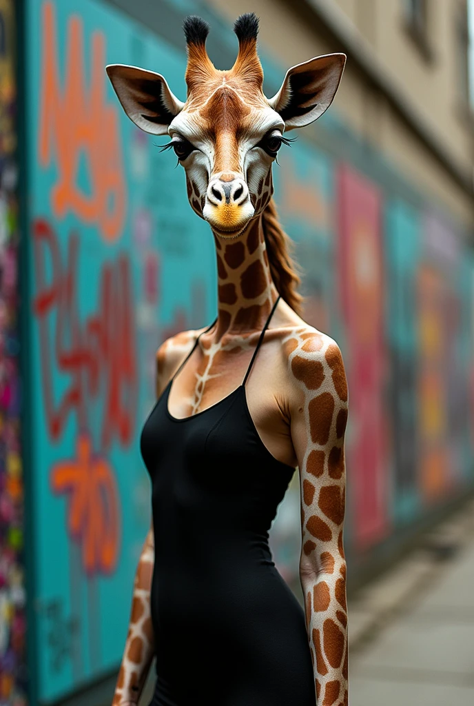 A giraffe woman in a black dress poses for a photo in front of a graffiti wall., Lalisa Manoban แห่ง Blackpink, Lalisa Manoban, Roseanne Park of blackpink, Stop four *, with bangs, ( ( Stop four # ) ), Stop four, cl, Aya Takano, Son Yunju, Shiho, Portrait of Kim Petra