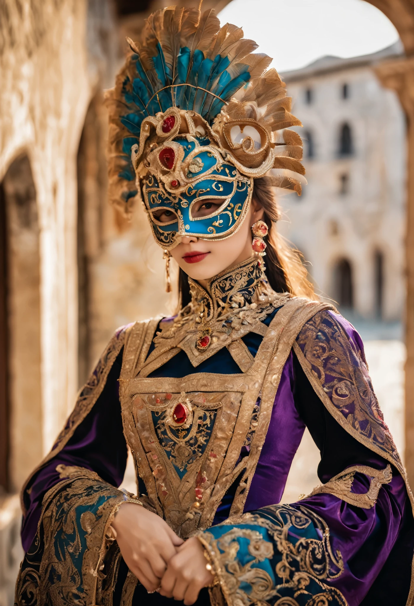 (a girl wearing a traditional Venetian mask),(best quality,highres),detailed face,beautifully decorated mask,colorful feathers,fine craftsmanship,ornate patterns,sparkling jewels,mysterious ambiance,artistic portrayal,soft lighting,vibrant colors,venetian carnival,classic beauty,traditional costume,luxurious fabric,elaborate headpiece,masquerade ball,historical setting,romantic,elegant architecture,moonlit night,enchanted feeling,mask worn by aristocrats,whispered secrets,mystical allure,unique and captivating imagery.