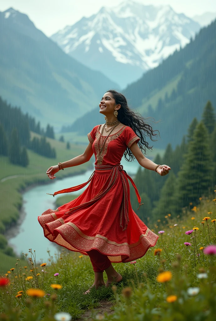 A Kashmiri girl is dancing in the rain over the mountain and beautiful nature