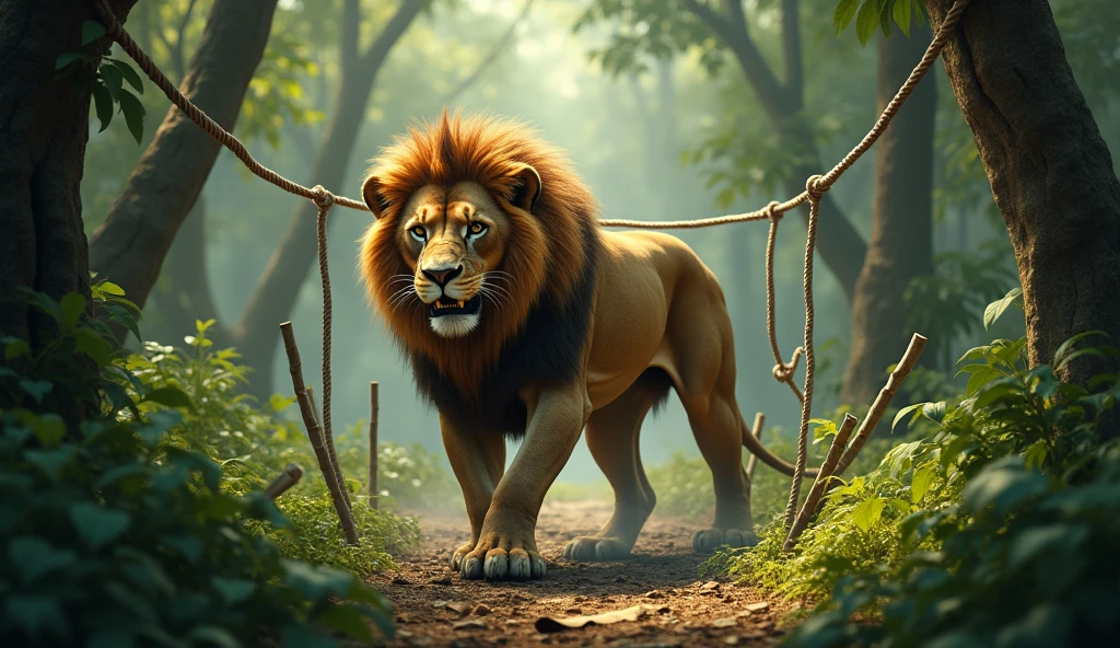 The lion suddenly fell into a trap