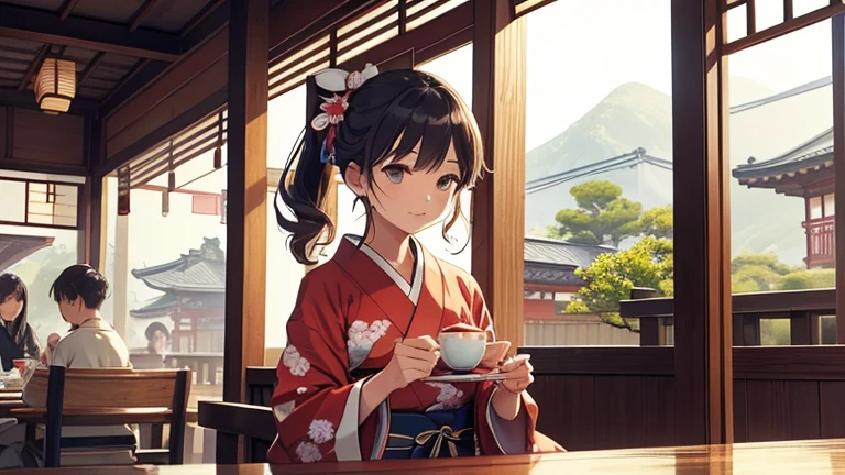 A part-time worker wearing a kimono、Please draw an illustration of tea being served at a tea shop.。The woman puts a teacup on a tray.、Serve tea to customers with care。In the background is the interior of a traditional teahouse.。