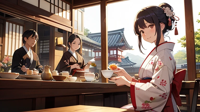 A part-time worker wearing a kimono、Please draw an illustration of tea being served at a tea shop.。The woman puts a teacup on a tray.、Serve tea to customers with care。In the background is the interior of a traditional teahouse.。