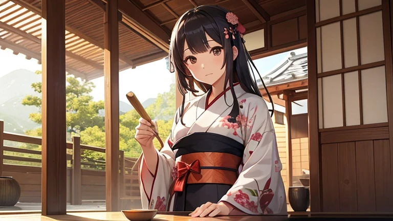 A part-time woman in a kimono working at a teahouse、Please draw an illustration of tea ceremony utensils being arranged.。The woman has a concentrated expression、Preparing to make tea。The background features bamboo fences and tatami floors.、There is a calm atmosphere。
