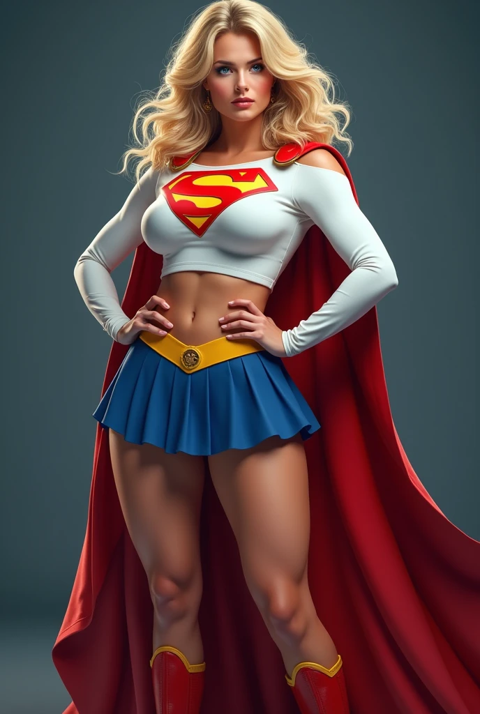 ull view of A SEXY CURVY FEMALE WITH DARK BLUE EYES AND MEDIUM MESSY GOLDEN BLONDE HAIR WEARING A CLASSIC WHITE SUPERGIRL LONG SLEEVED CROP TOP COSTUME, A SHORT BLUE PLEATED SKIRT WITH A YELLOW SUPERGIRL BELT, RED HIGH HEELED SUPERGIRL BOOTS, AND SHORT RED SUPERGIRL CAPE WITH YELLOW TRIM. , incredibly detailed skin and eyes, seductive poses, 8K resolution, masterpiece, ultra-detailed, realistic, photo-realistic, vivid colors, dramatic lighting, THICK CHESTED.