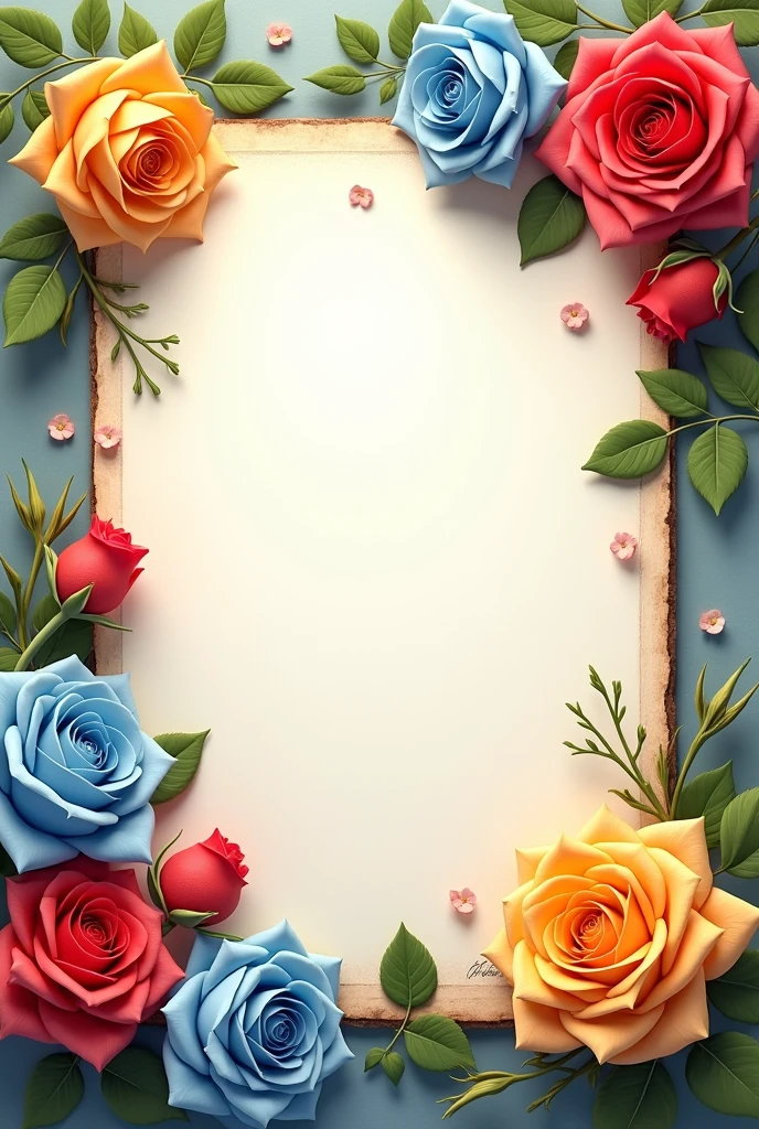 Diary pages decorated with red roses, yellow roses and blue roses on one page