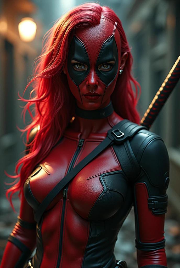 a female superhero with a deadpool-inspired costume, extremely detailed face, beautiful detailed eyes, beautiful detailed lips, long eyelashes, red hair, deadpool mask, katana sword, posing heroically, dynamic action pose, cinematic lighting, moody dark atmosphere, rich saturated colors, comic book style shading and textures, digital art, unreal engine, 8k, best quality, masterpiece, hyperdetailed