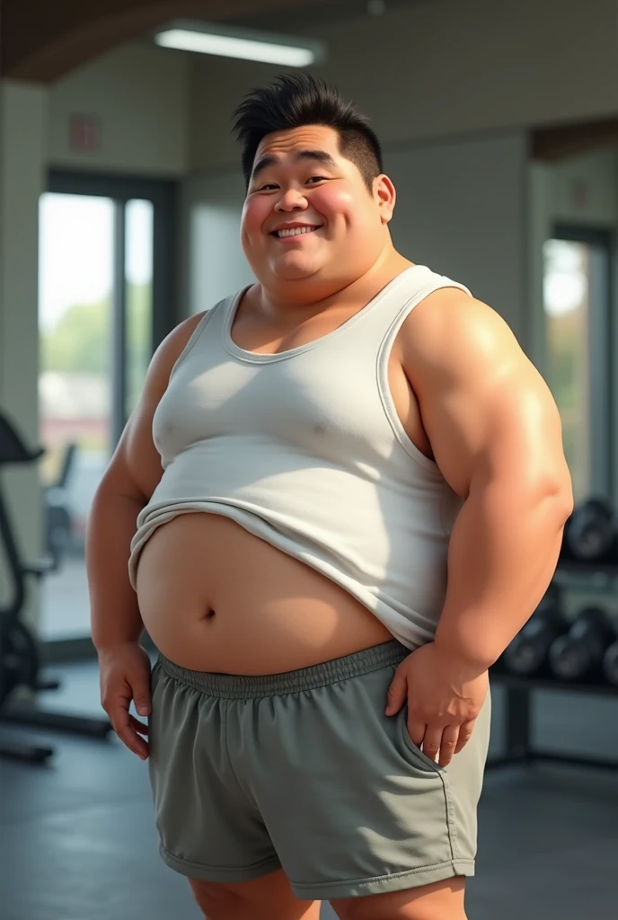 A slightly fat Asian man with his belly exposed，Wearing sports summer clothes，Gym