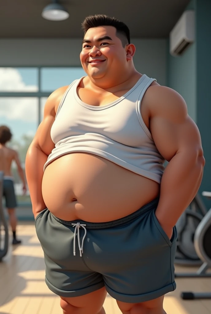 A slightly fat Asian man with his belly exposed,Wearing sports summer clothes,Gym