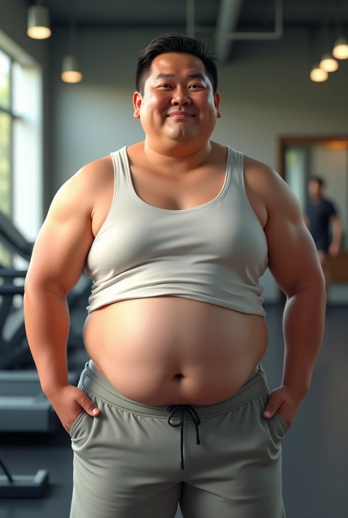 A slightly fat Asian man with his belly exposed,Wearing sports summer clothes,Gym
