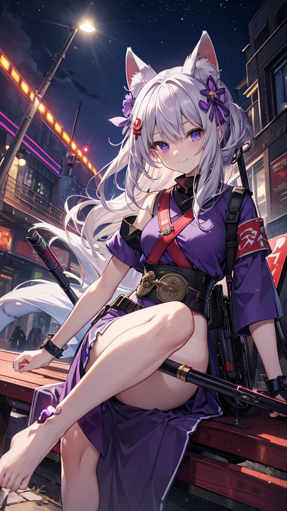 masterpiece, High resolution, Highest quality, youth,Gray Hair, Shortcuts, Purple eyes, smiling, Fox Mask, Removed Mask, Dinosaur head gun,Dragon head pistol,Dual pistols,Hairpin, Purple waist pouch,Carry a whip on your right hip,Carrying a baton on the left hip,Red modern baton,Purple shrine maiden outfit,Sitting,Outdoor,night