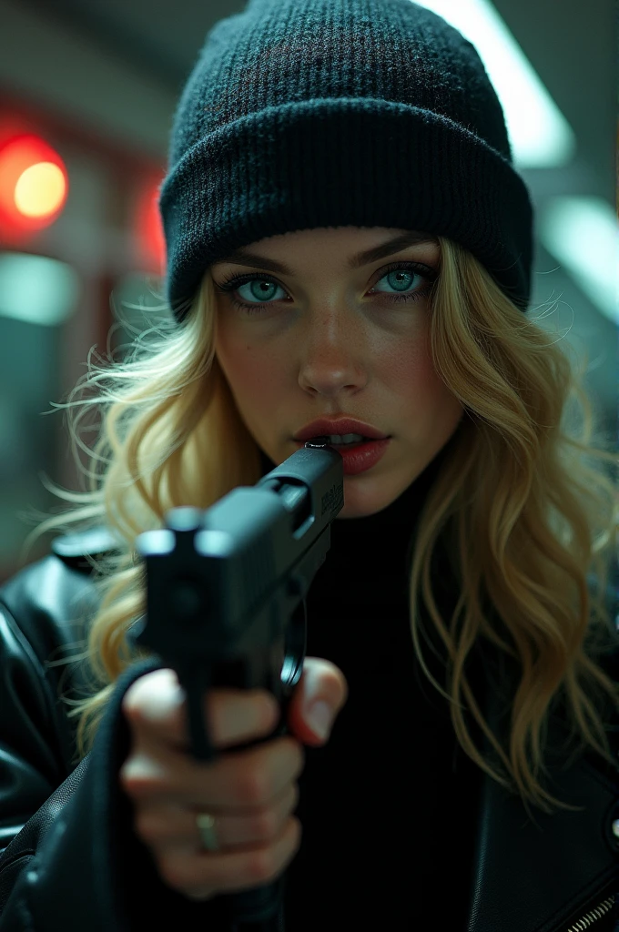 Create a woman with a balaclava, blue eyes, blonde hair, licking a gun, and a barbershop in the background