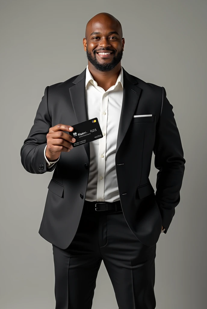 Big strong mixed race man, properly dressed, standing, smiling, showing a black credit card with the words “RIBEIRO” written on it.
