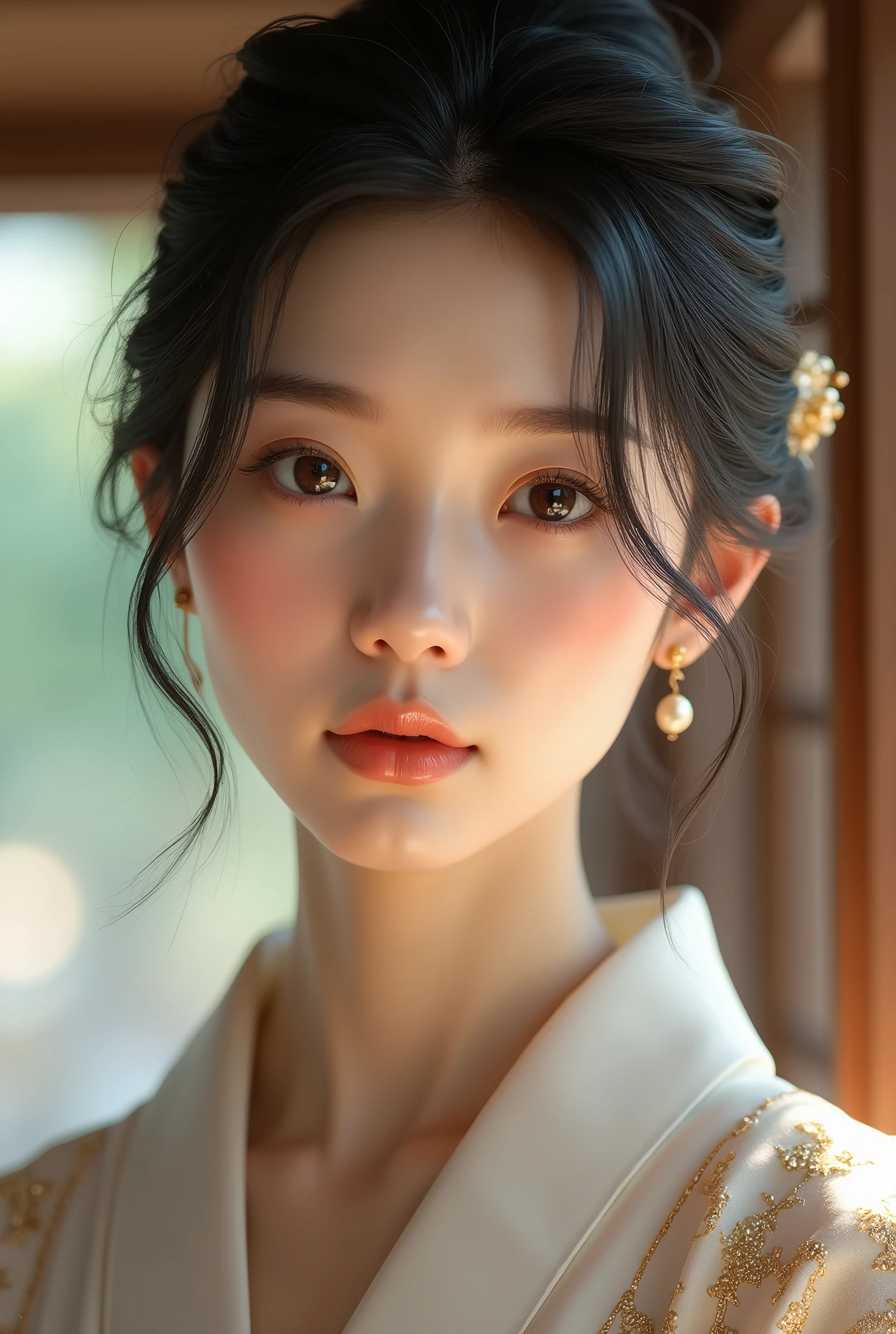 An elegantly dressed Japanese woman in natural light、A close-up of her chest and calm expression.、It shows her inner peace and outer charm.。