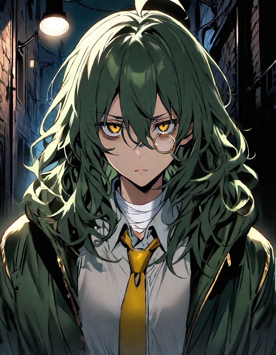 mature, Golden eyes, looking at viewer, female, very dark alley background, messy hair, shoulder-length hair, ponytail, parted lips, hair between eyes, ahoge, tired eyes, bags under eyes, dark, bandages around hands, night, emotionless, frown, dark green jacket with golden accents, Underneath the jacket a white shirt with a yellow tie and black slacks, monocle