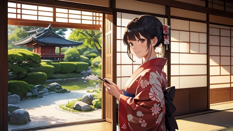 A part-time worker wearing a kimono、Please draw an illustration of someone adjusting a noren curtain outside a teahouse.。The woman was smiling as she adjusted the noren curtain.、A traditional Japanese garden spreads out in the background.。