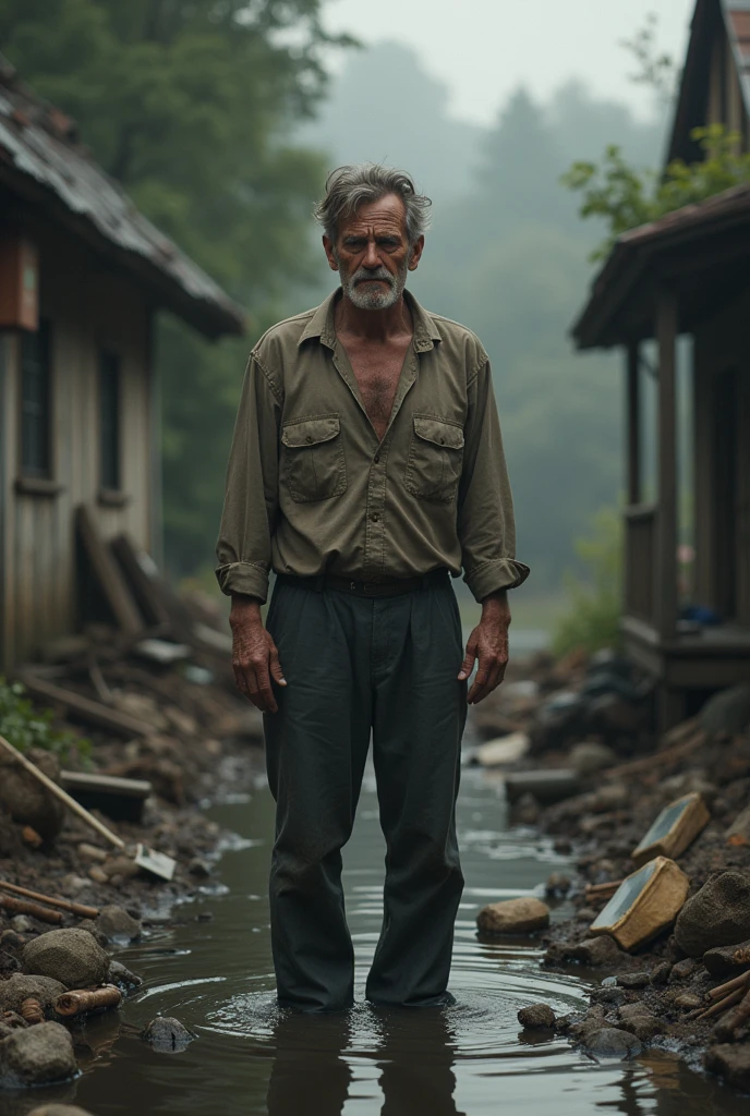 man in 30 years old age, who is tired and sad at the same time becuase of flood happening at his house