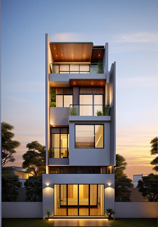 Exterior, modern house, sunset, best quality