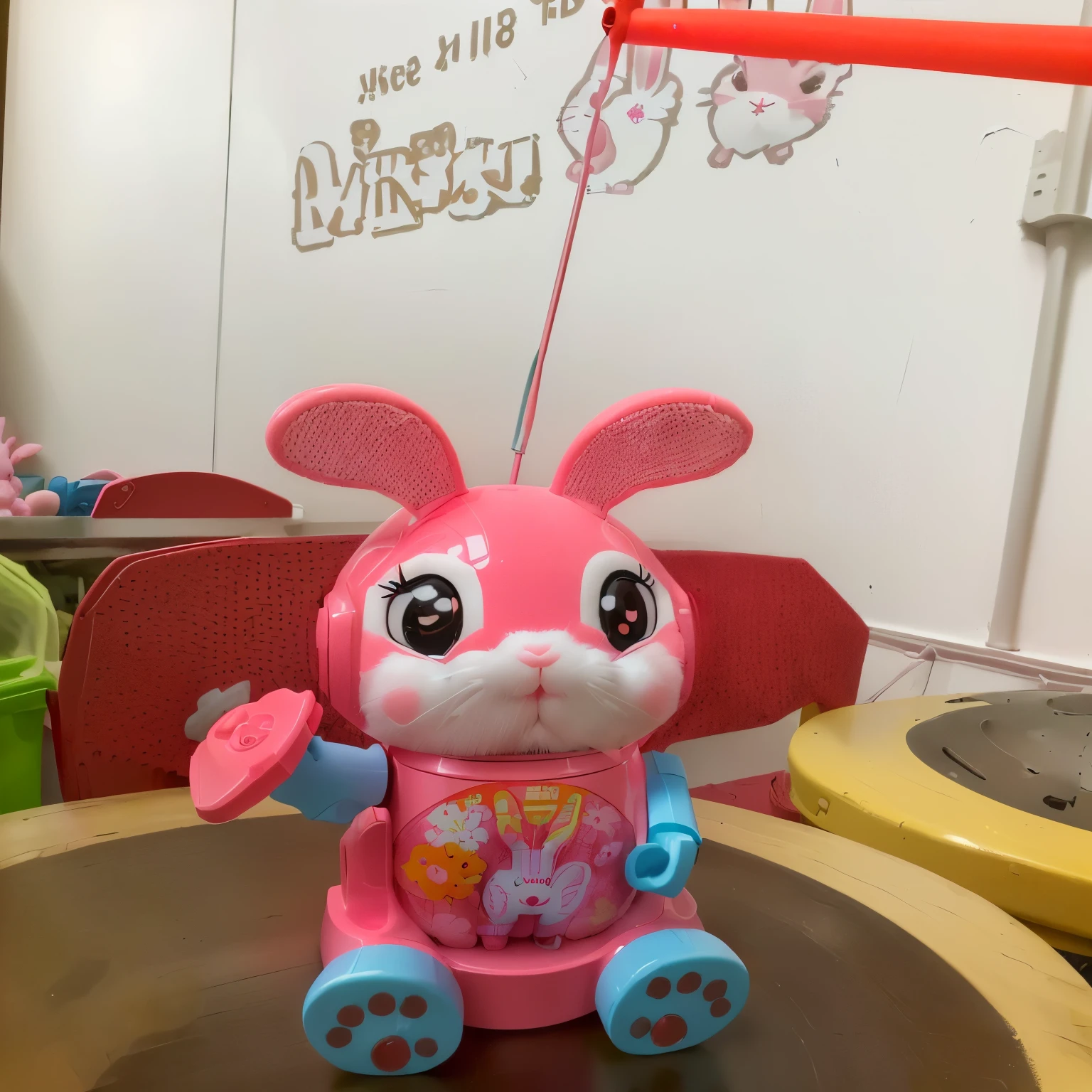 there is a pink toy rabbit sitting on a table with a red umbrella, cute toy, children's toy, childrens toy, bunny, kids toy, delightful, rabbit robot, ???, plastic toy, the bunny has pink fur, biopunk toys made in china, electrixbunny, kids, the rabbit has pink fur, rabbit, wonderful