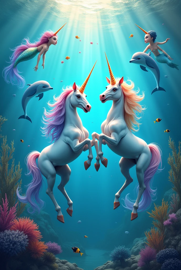 Two unicorns with colorful hair, in the sea with dolphins and mermaids