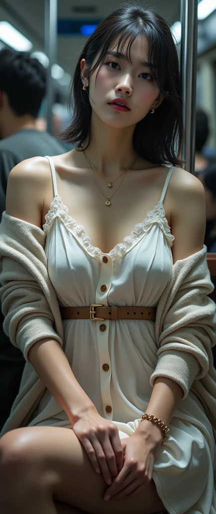 (32K:1.9, Highest quality, masterpiece, Ultra-high resolution, Professional low-angle camerawork:1.5, Very detailedな肌と顔の質感:1.4), Always accurate, Very detailed, bag, (25 year old cute Japan woman, Camisole dress and cardigan:1.5, Incredibly slim body:1.3, areola is not visible:1.4, Big breasts on the verge of collapse), ((Crowded train:1.5, Crazy behavior:1.7, Touching a woman:2.0)), belt, Fair skin, elegant, sense of cleanliness, Thin eyebrows, (Big eyes that exude beautiful eroticism:0.4, Her facial expression when she feels that she is being caressed intensely:1.0, Facial expressions when feeling happy:1.0, Expressions of drowning in pleasure:1.0, I despise you from the bottom of my heart:0.8, Please open your mouth a little, lipstick, Feel the beautiful eroticism:0.9, Dark brown medium hair), Earrings, necklace, bracelet, romantic, mysterious, Object of admiration, original, dramatic, artistic, Innovative, charm, Heartful, Fancy, Tilt, sense of loss, special, ((exciting, Extreme, sense of openness, suffering, sufferingの表現)), (((Mistakes of Youth, 女性的なcharm)))