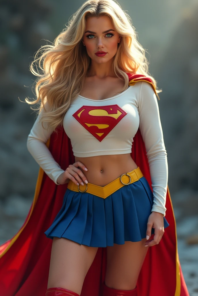 A FULL BODY VIEW OF A SEXY TEEN FEMALE WITH (GIGANTIC BREASTS:9.8) DREAMY BLUE EYES AND MEDIUM MESSY GOLDEN BLONDE HAIR WEARING A CLASSIC WHITE LONG-SLEEVED CROP=TOP SUPERGIRL COSTUME, A SHORT BLUE PLEATED SKIRT WITH A YELLOW SUPERGIRL BELT, RED HIGH HEELED SUPERGIRL BOOTS, AND SHORT RED SUPERGIRL CAPE WITH YELLOW TRIM. INCREDIBLY DETAILED SKIN, INCREDIBLEY DETAILED FACE, INCREDIDBLEY DETAILED CLOTHING, TEXTURED SKIN PORES, TEXTURED HAIR, 8K ABSURD RESOLUTION, MASTERPIECE.