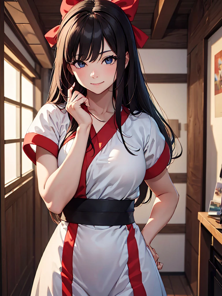 (masterpiece、top-quality、hight resolution、Unity 8k、extremely details CG:1,Best Picture), A woman with a sly smile, her eyes sharp and piercing as she confidently says, 'You're still a virgin, aren't you?' Her expression is both teasing and knowing, clearly catching the customer in a lie. Her body language is relaxed, almost playful, as she leans in slightly, enjoying the moment of exposing the truth, red ribbon, hair band