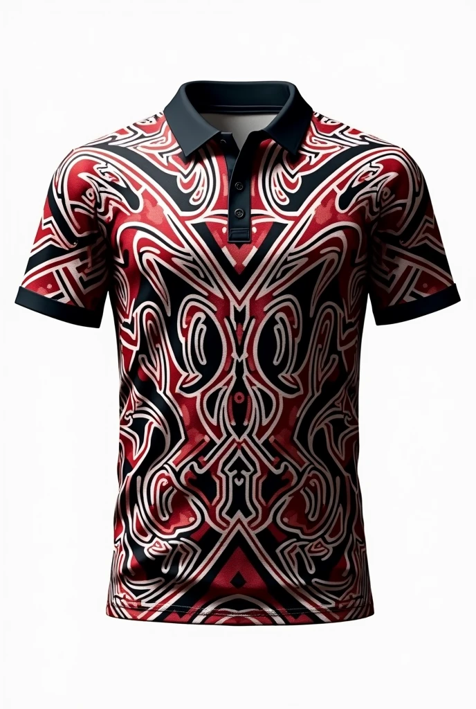 Create rugby jersey maori  tribe full  pattern black white red  retro black collar white background front and back design side by two side 