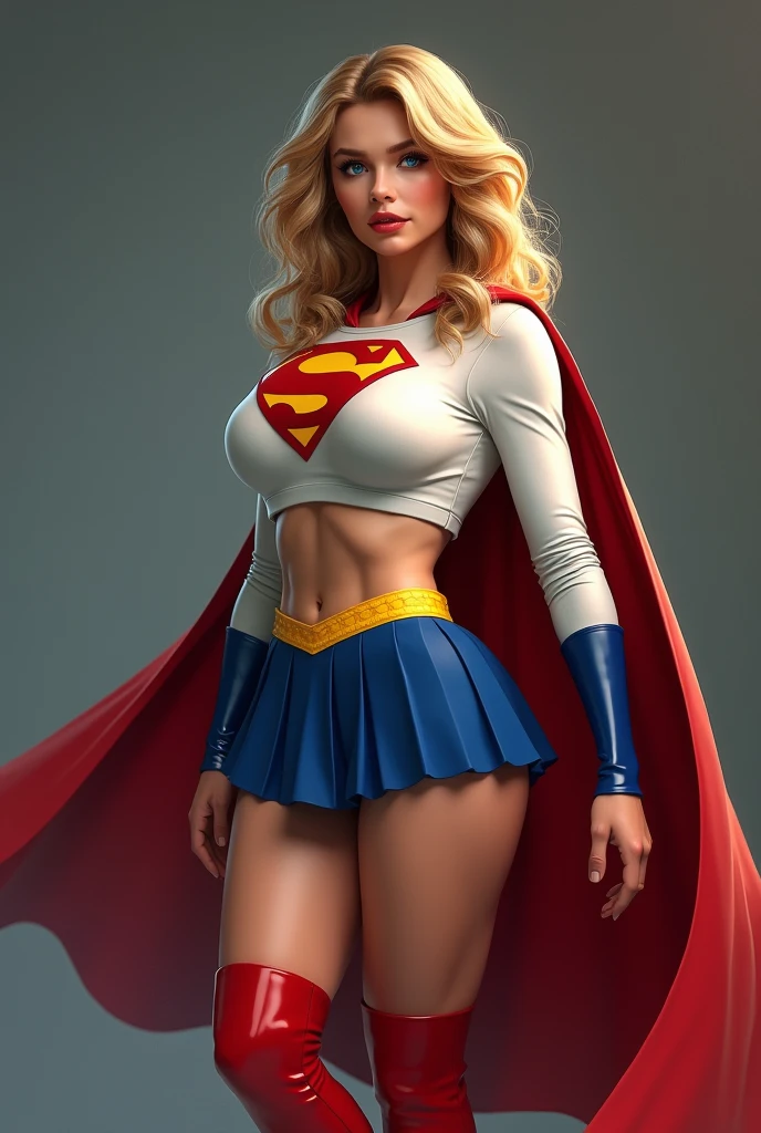 ull view of A SEXY CURVY FEMALE WITH DARK BLUE EYES AND MEDIUM MESSY GOLDEN BLONDE HAIR WEARING A CLASSIC WHITE SUPERGIRL LONG SLEEVED CROP TOP COSTUME, A SHORT BLUE PLEATED SKIRT WITH A YELLOW SUPERGIRL BELT, RED HIGH HEELED SUPERGIRL BOOTS, AND SHORT RED SUPERGIRL CAPE WITH YELLOW TRIM. , incredibly detailed skin and eyes, seductive poses, 8K resolution, masterpiece, ultra-detailed, realistic, photo-realistic, vivid colors, dramatic lighting, THICK CHESTED.