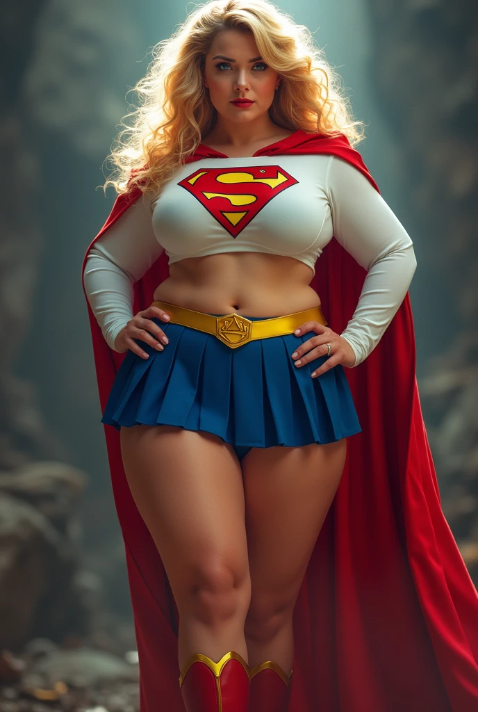 ull view of A SEXY CURVY FEMALE WITH DARK BLUE EYES AND MEDIUM MESSY GOLDEN BLONDE HAIR WEARING A CLASSIC WHITE SUPERGIRL LONG SLEEVED CROP TOP COSTUME, A SHORT BLUE PLEATED SKIRT WITH A YELLOW SUPERGIRL BELT, RED HIGH HEELED SUPERGIRL BOOTS, AND SHORT RED SUPERGIRL CAPE WITH YELLOW TRIM. , incredibly detailed skin and eyes, seductive poses, 8K resolution, masterpiece, ultra-detailed, realistic, photo-realistic, vivid colors, dramatic lighting, THICK CHESTED.