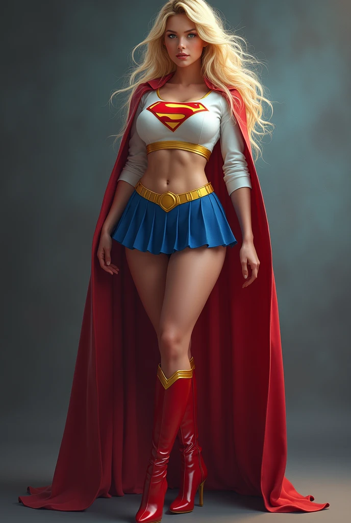 ull view of A SEXY CURVY FEMALE WITH DARK BLUE EYES AND MEDIUM MESSY GOLDEN BLONDE HAIR WEARING A CLASSIC WHITE SUPERGIRL LONG SLEEVED CROP TOP COSTUME, A SHORT BLUE PLEATED SKIRT WITH A YELLOW SUPERGIRL BELT, RED HIGH HEELED SUPERGIRL BOOTS, AND SHORT RED SUPERGIRL CAPE WITH YELLOW TRIM. , incredibly detailed skin and eyes, seductive poses, 8K resolution, masterpiece, ultra-detailed, realistic, photo-realistic, vivid colors, dramatic lighting, THICK CHESTED.