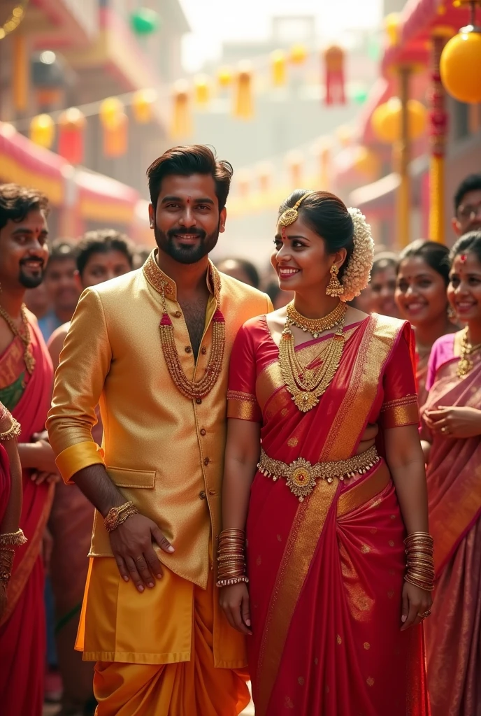 I want south indian couple in treditional wedding dress  with happy faces with weddings background , in background South Indian people laughing and admiring this couple