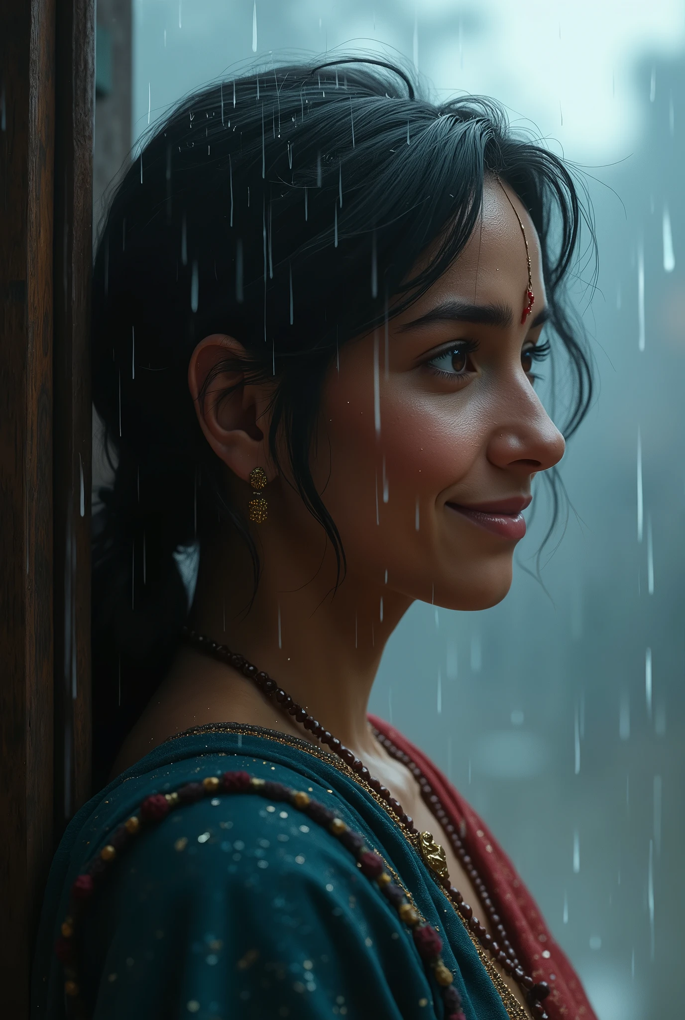 Shiv jiwith smiling at side view and rain