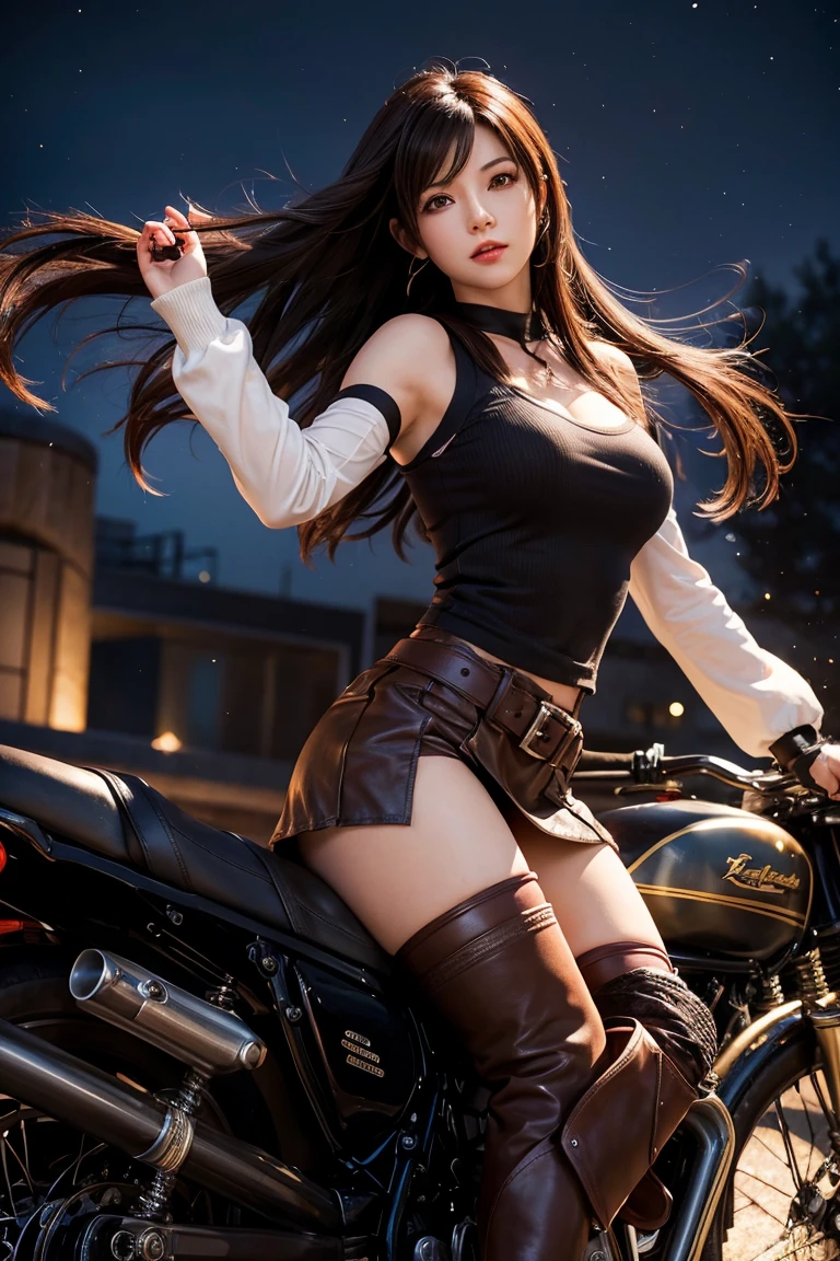 Tifa Lockhart,long hair,Riding boots,Depth of Field,night,Light Particles,light,Side light,thigh,skirt,Red eyes,brown hair,knee socks,sleeve,Riding boots