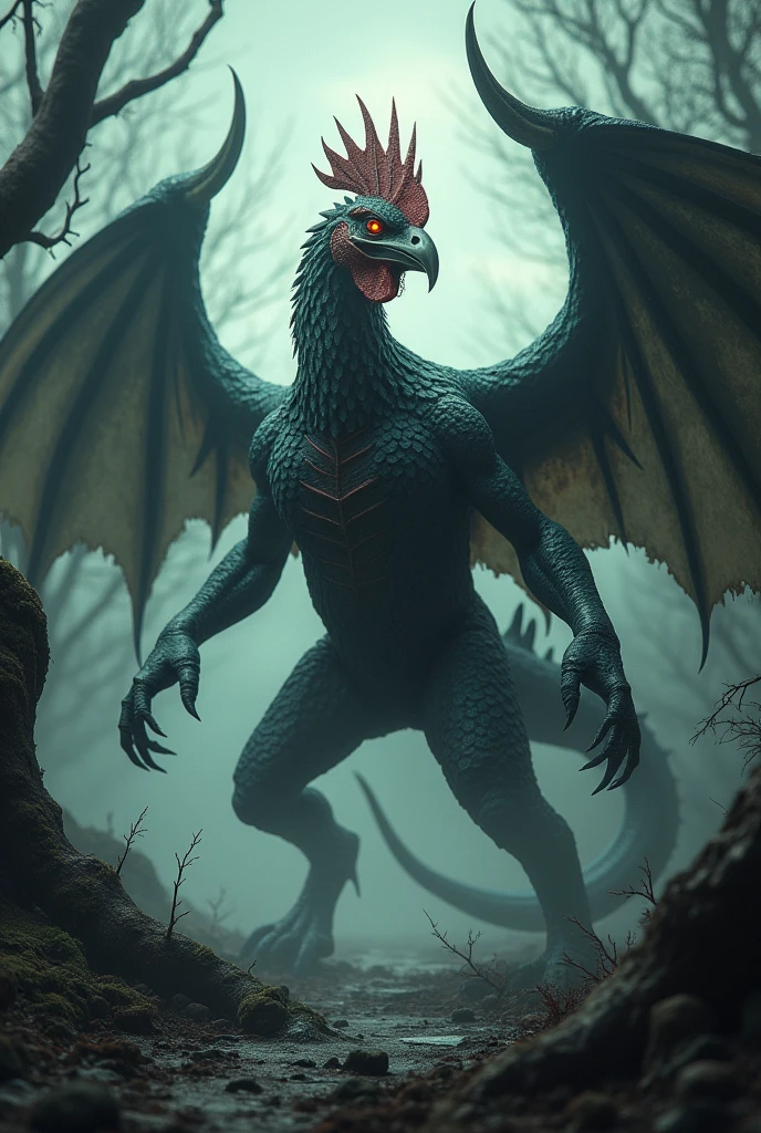 Create an image of a basilisk combining elements of a rooster, lizard, and serpent. Focus on its menacing appearance and the destructive power it holds, such as deadly venom and fearsome claws. Set the scene in a dark, foreboding environment to emphasize its evil nature.