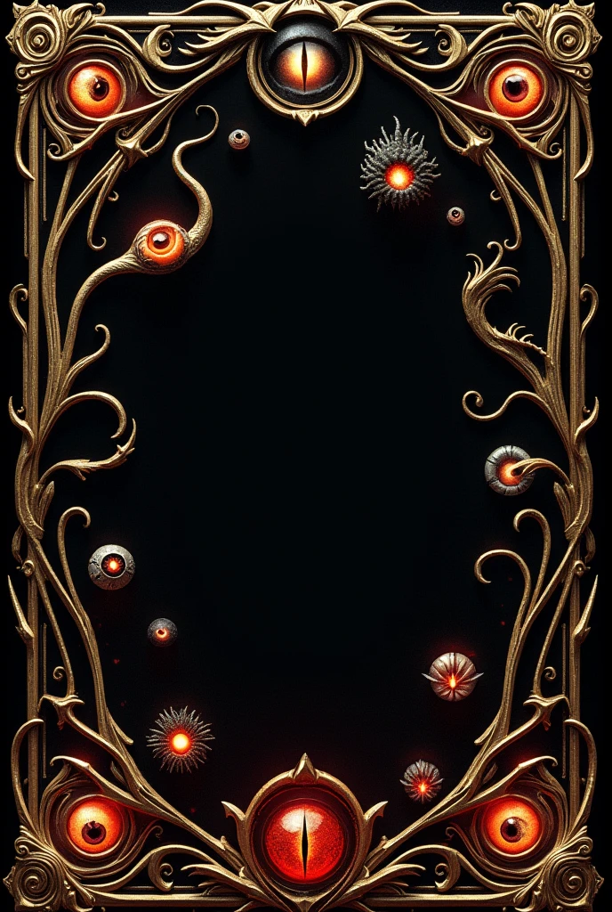 Make a book cover with the following information.
The background is black and on the edges of the cover there are gold details as if they were plant vines., besides some red details like fire embers. In the center make several small monster eyes.
